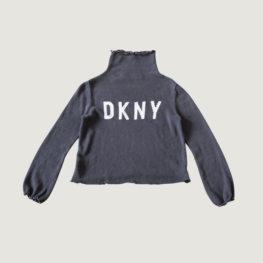 DKNY Sweater Charcoal Grey Logo Turtleneck‎ Lettuce Trim Grunge Medium 90s Retro
